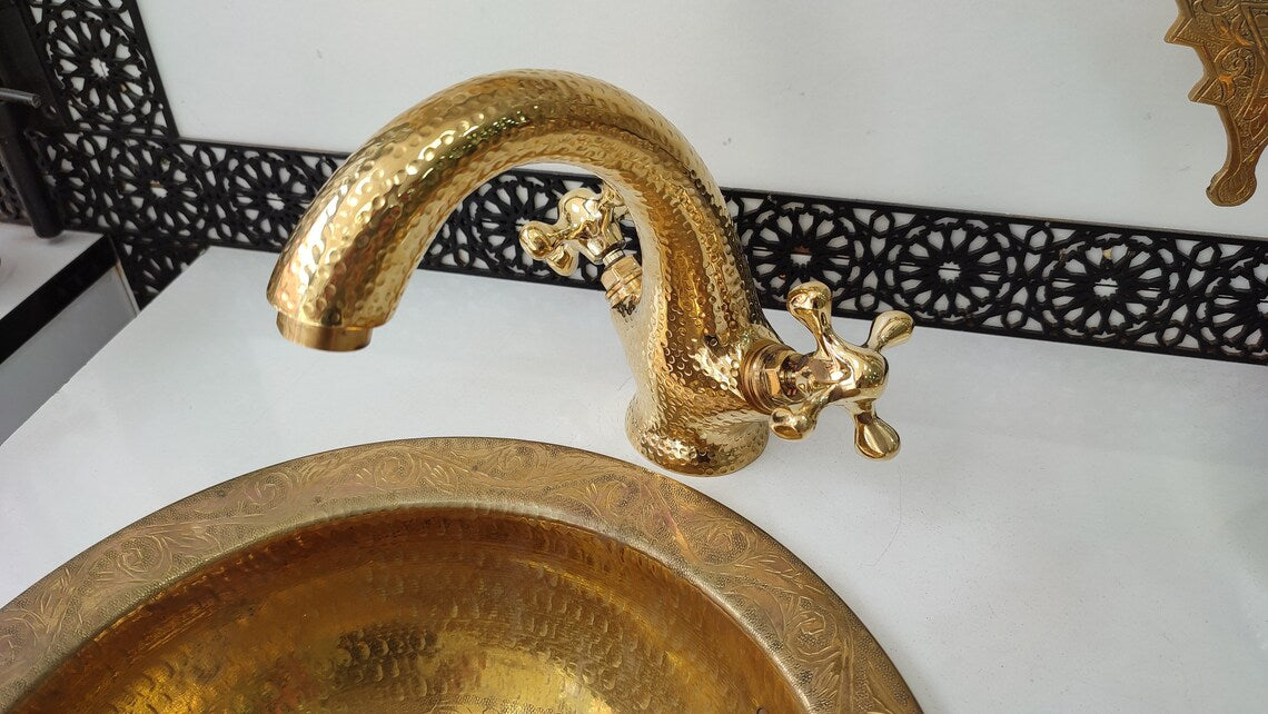 Bathroom sink faucet mixer tap with hammered gold finish