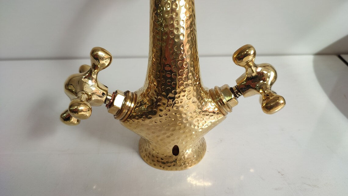 Bathroom sink faucet mixer tap with hammered gold finish